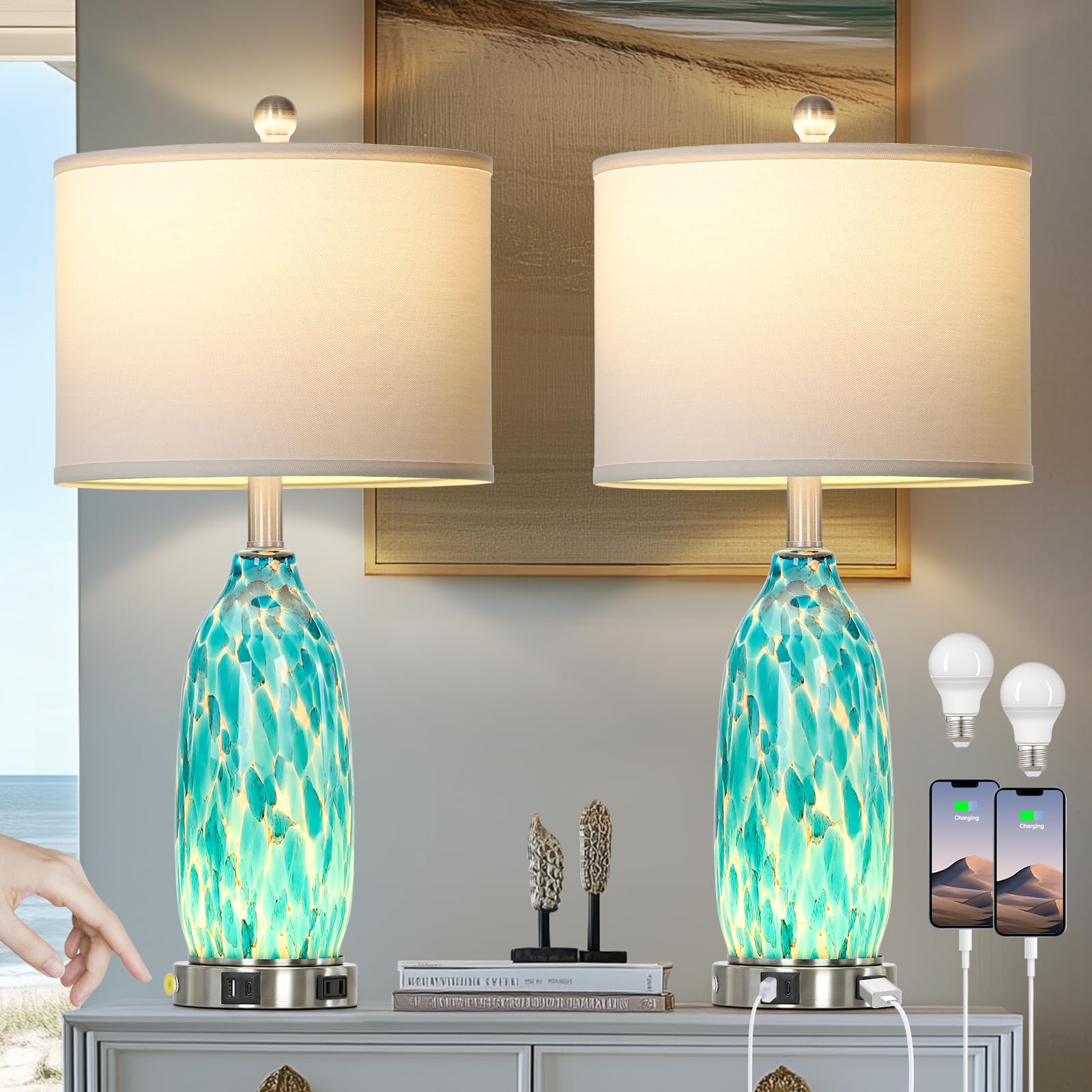 Rinweey 26-inch Peacock Green Glass Table Lamps set of 2 on a nightstand, coastal style