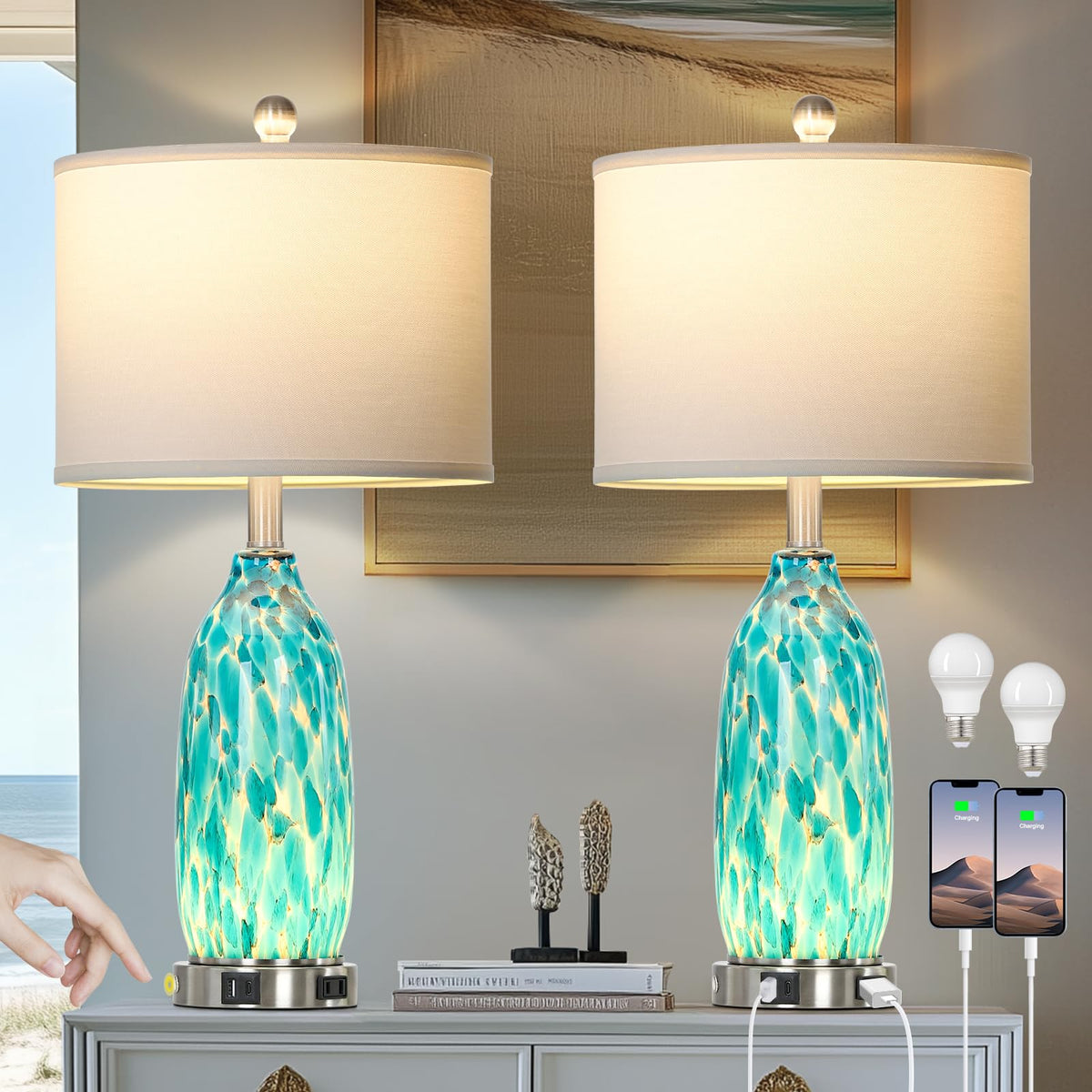 Rinweey 26-inch Peacock Green Glass Table Lamps set of 2 on a nightstand, coastal style