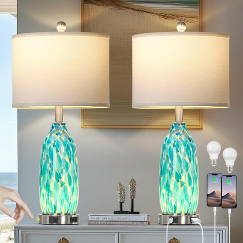 Rinweey 26-inch Peacock Green Glass Table Lamps set of 2 on a nightstand, coastal style