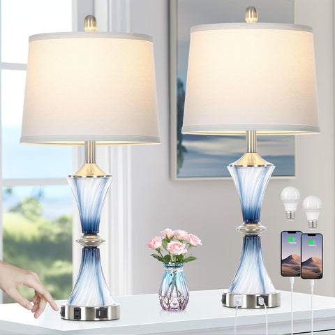 Rinweey blue glass table lamp set of 2 front view showing calming coastal glow for bedrooms