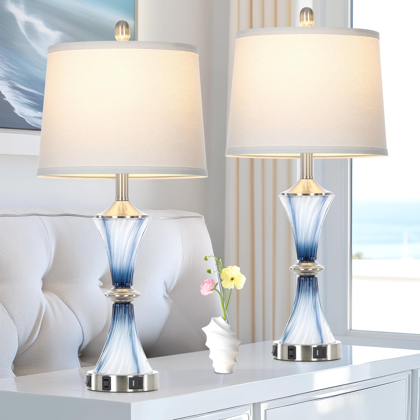 Rinweey blue glass table lamp set of 2 side view for modern nightstands