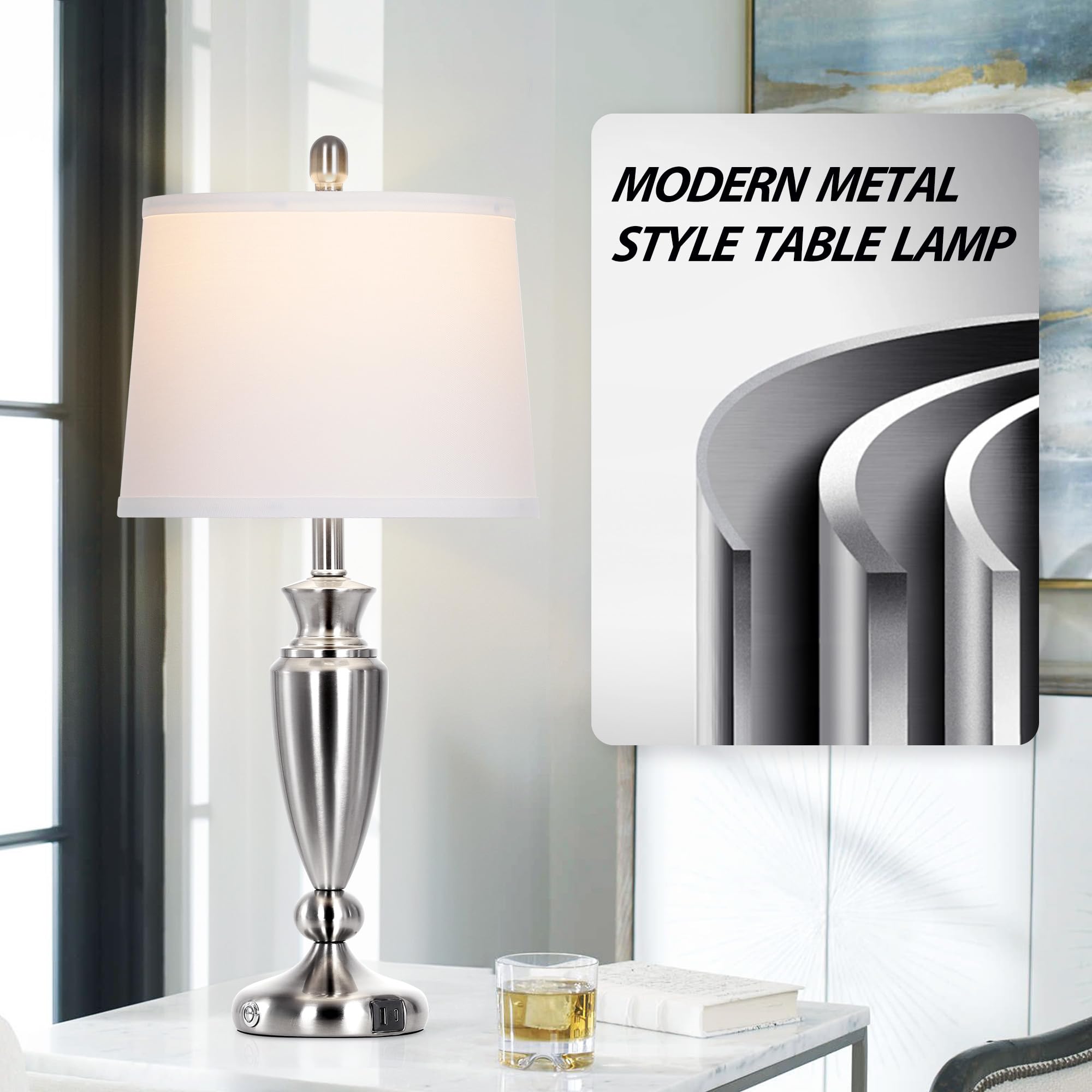 Rinweey brushed nickel finish detail on double bedside lamps