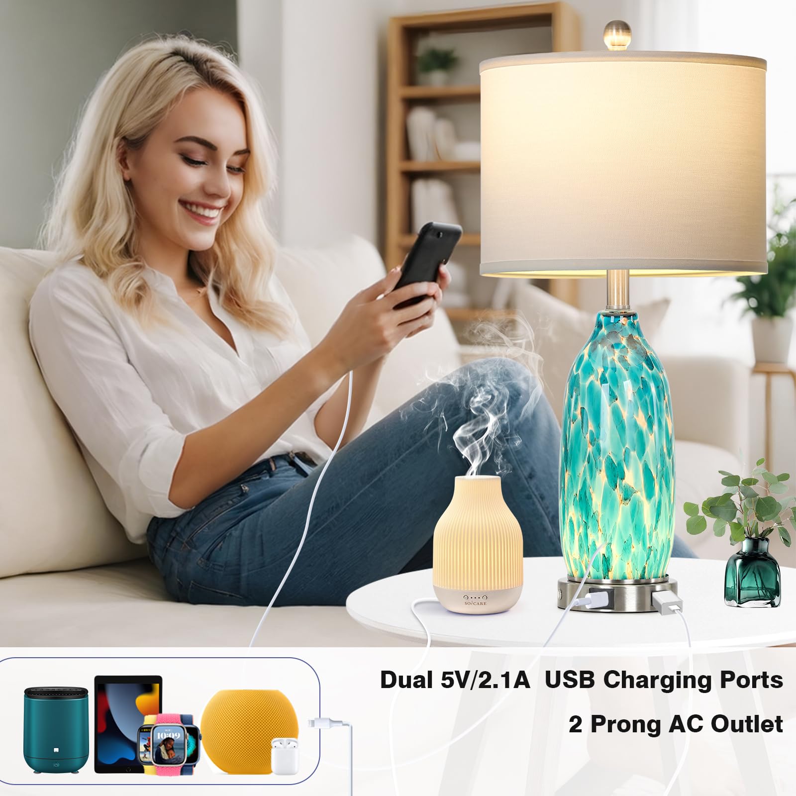 Rinweey coastal bedside lamp with USB ports and wall outlet for charging devices