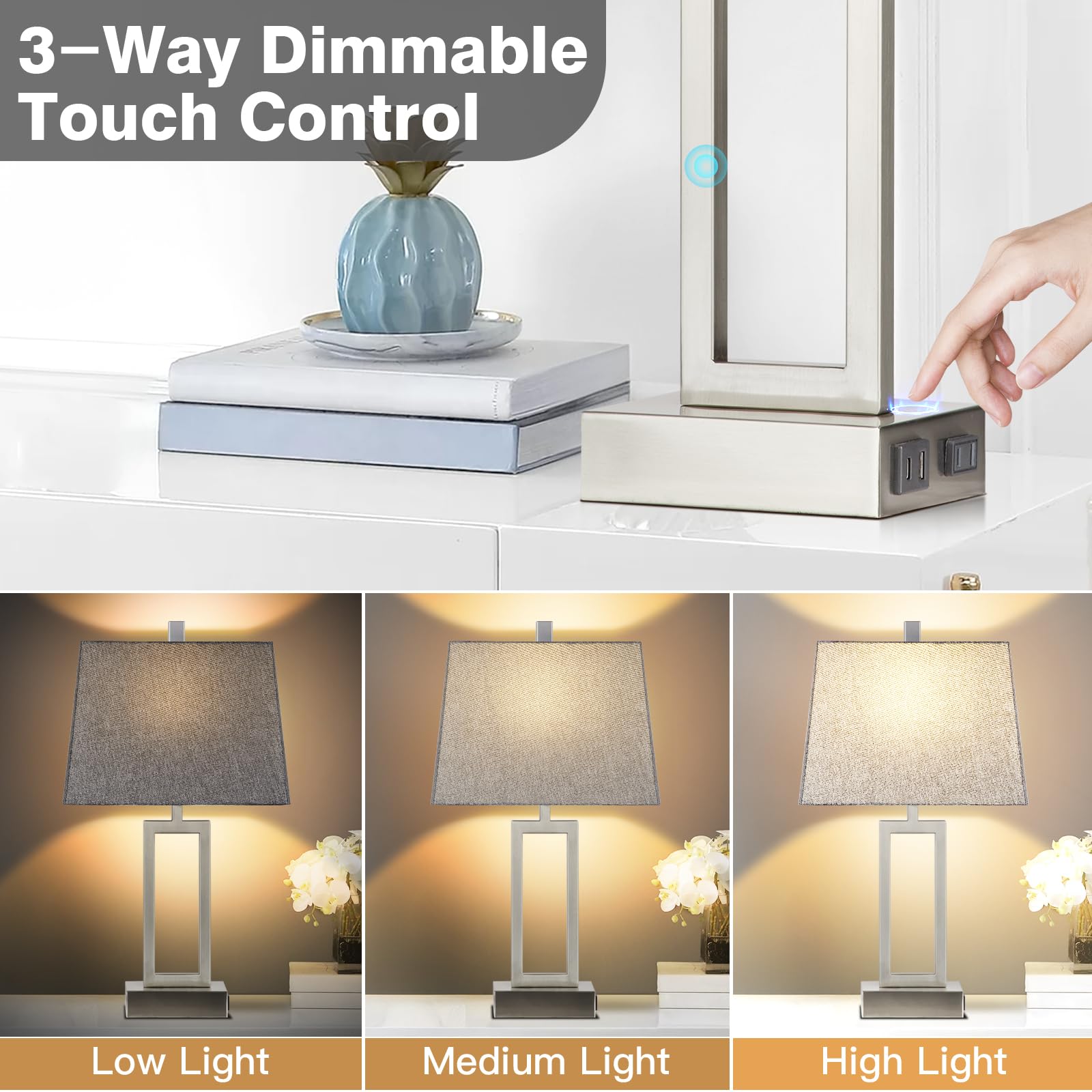 Rinweey touch-control lamp close-up highlighting 3-way dimming.