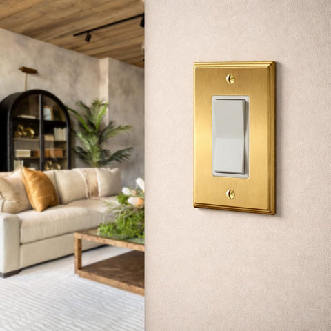 Rio Salto brass outlet cover 1-gang adds durable, corrosion-resistant protection.