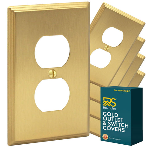 Rio Salto brass outlet cover in brushed gold adds a warm focal point for any room.
