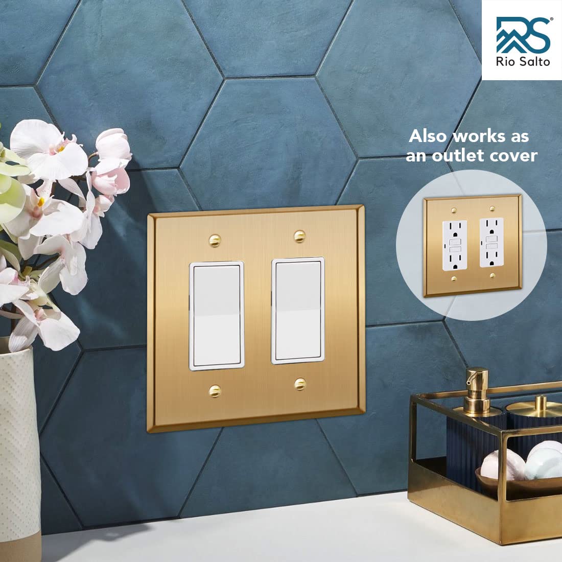 Rio Salto BRASS wall plate complements kitchen outlets.