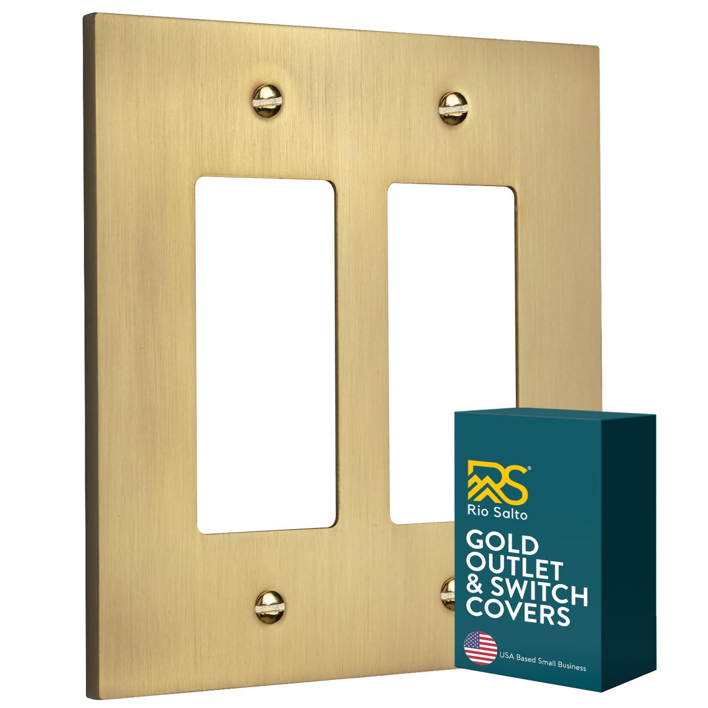 Rio Salto Forge two-gang rocker cover in brushed brass gold for premium wall detailing.