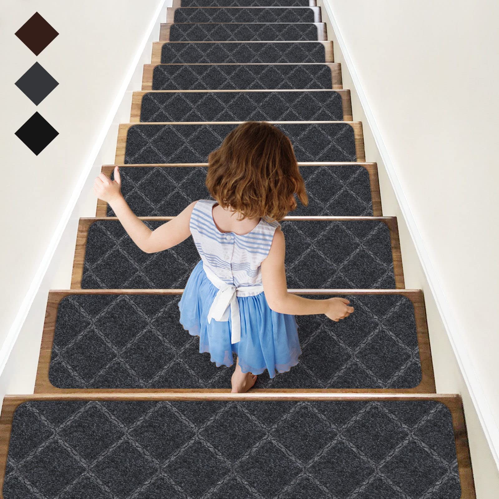 RIOLAND stair treads with diamond pattern for strong anti-slip grip on wooden stairs.