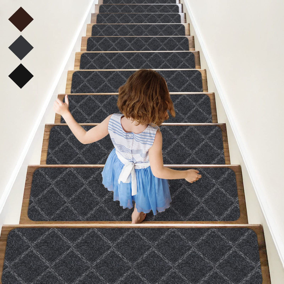 RIOLAND stair treads with diamond pattern for strong anti-slip grip on wooden stairs.