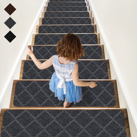 RIOLAND stair treads with diamond pattern for strong anti-slip grip on wooden stairs.