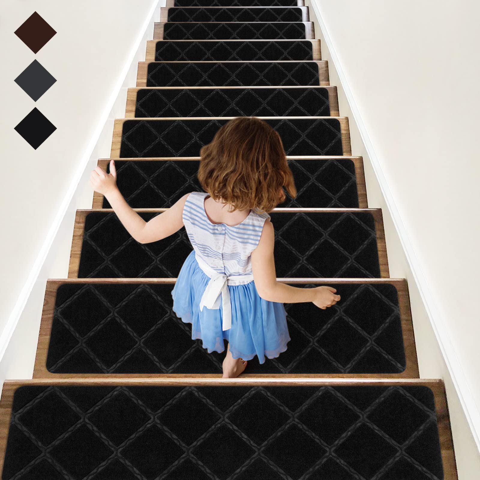 RIOLAND stair treads in diamond black offer anti-slip safety on wood stairs