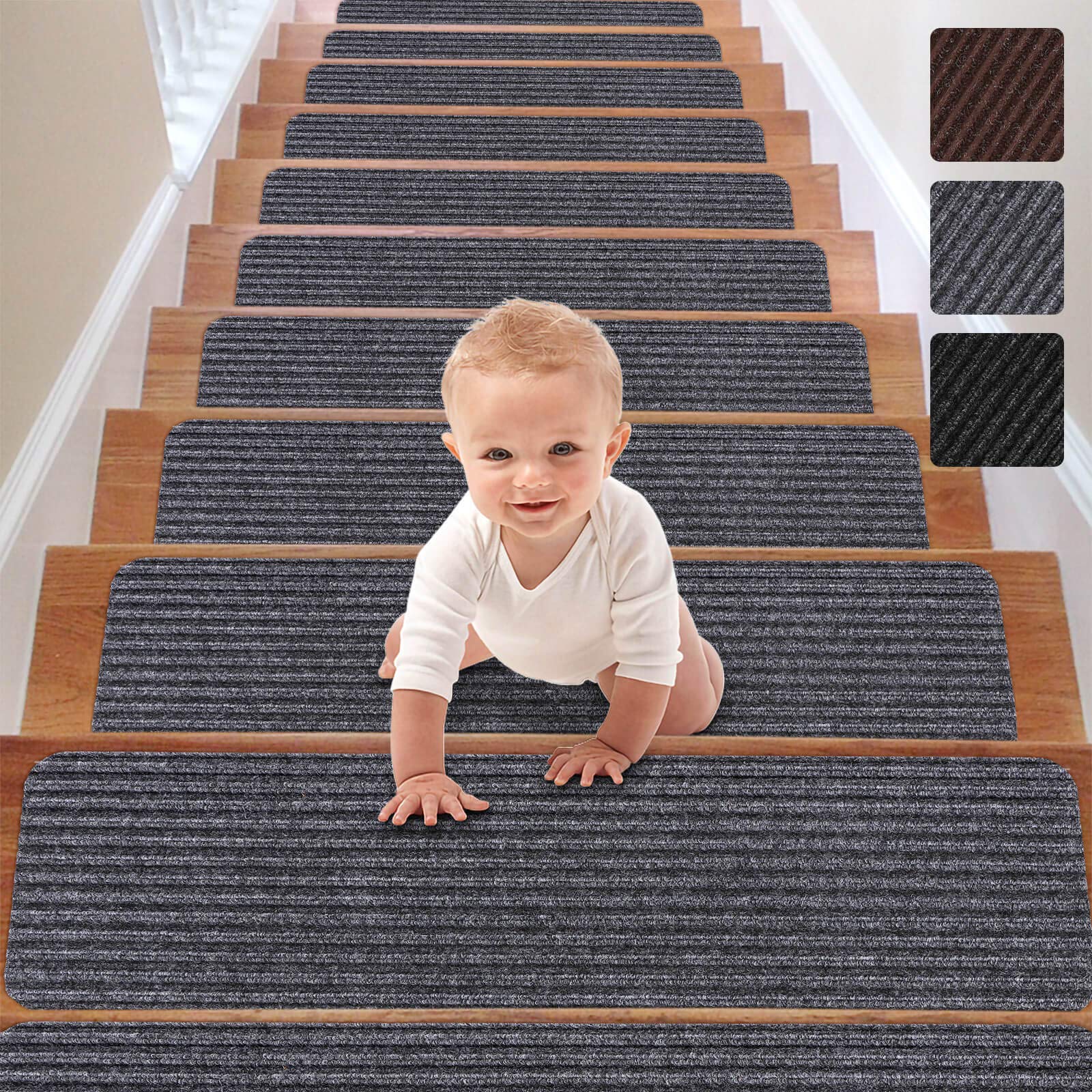 RIOLAND stair treads with non-slip backing keep wooden stairs secure.