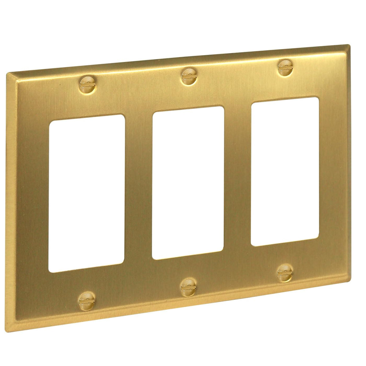 Rio Salto brass 3-gang wall plate with brushed gold finish enhances room decor.