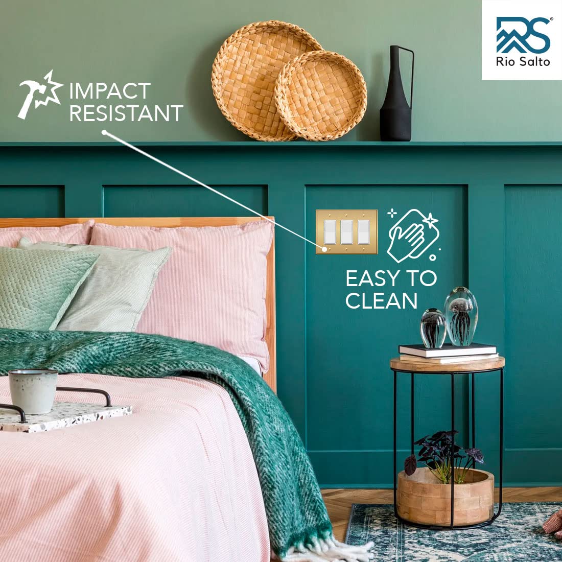 Rio Salto USA-made brass wall plate supports upscale interiors.
