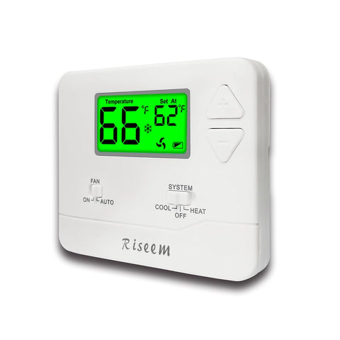 Riseem nonprogrammable thermostat front panel with green backlight for easy viewing.