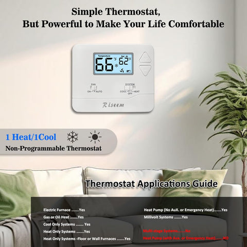 Riseem thermostat compatibility illustration for 1 heat / 1 cool systems