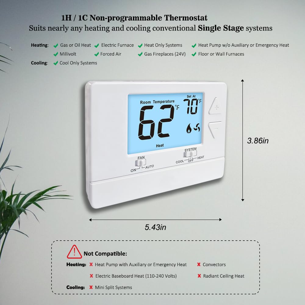 Riseem single-stage control illustration showing heat and cool adjustment.
