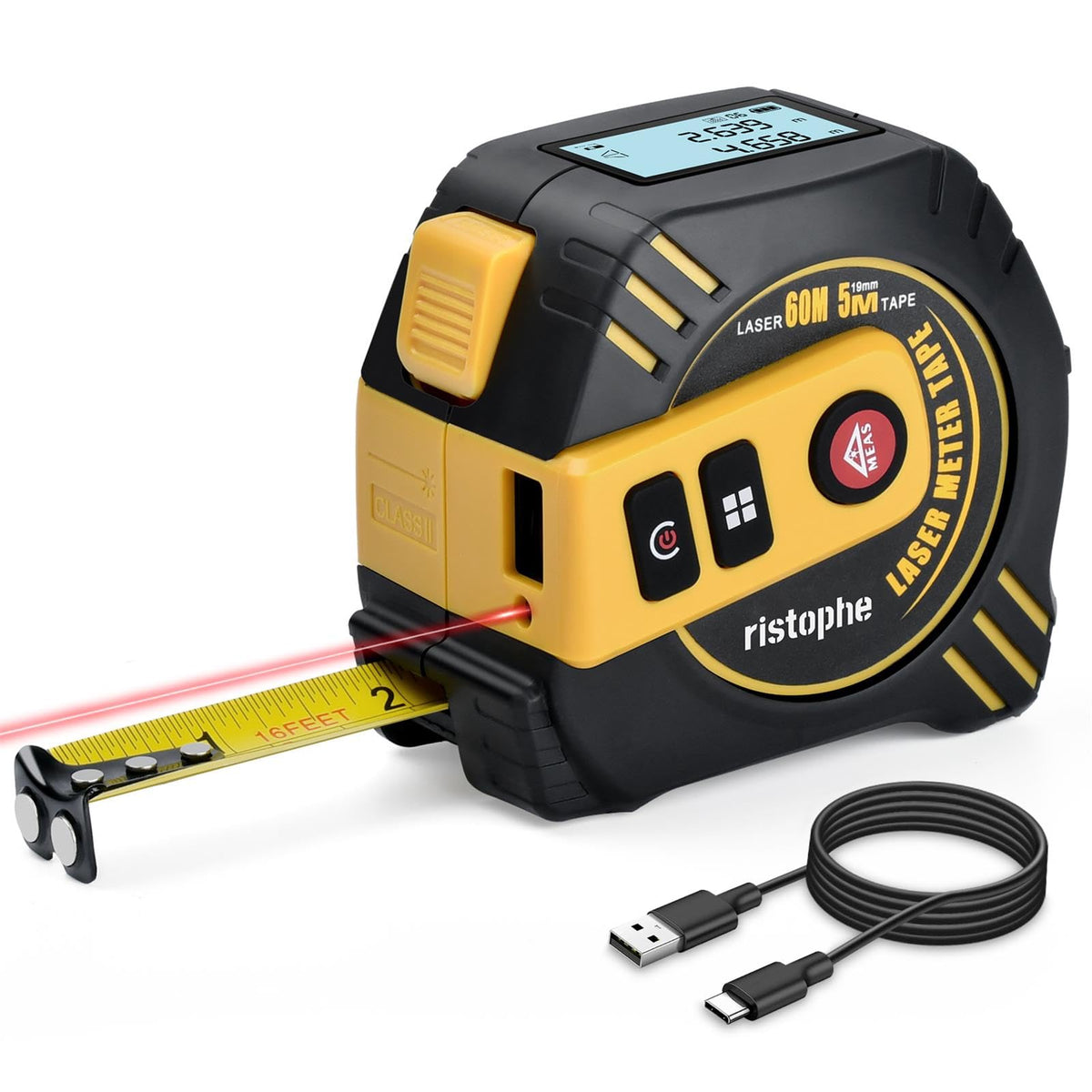 Ristophe 2-in-1 laser tape measure displaying 197 ft distance for quick planning