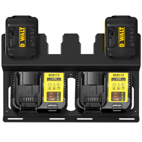 Riuog Dewalt wall mount front view shows space-saving battery and charger organization.