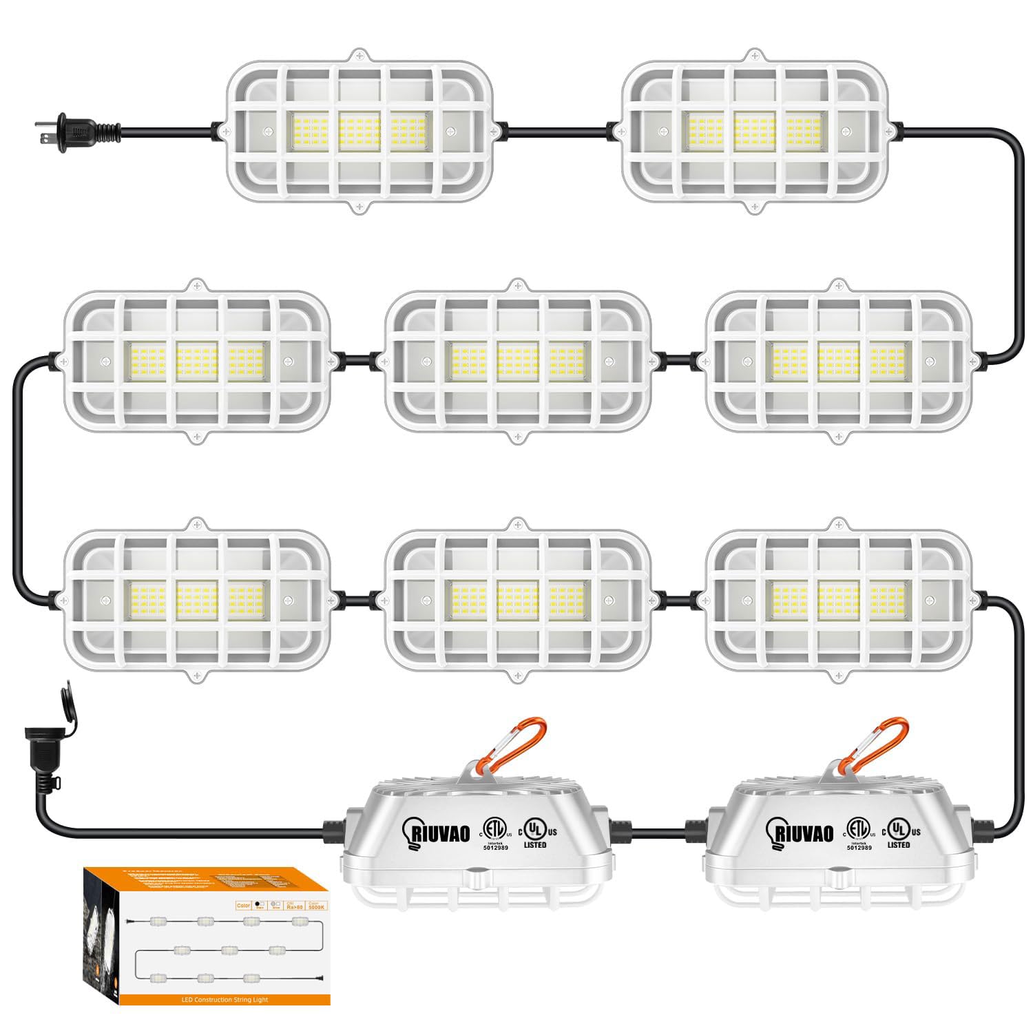 RIUVAO 100ft LED construction string lights illuminate a large work site.