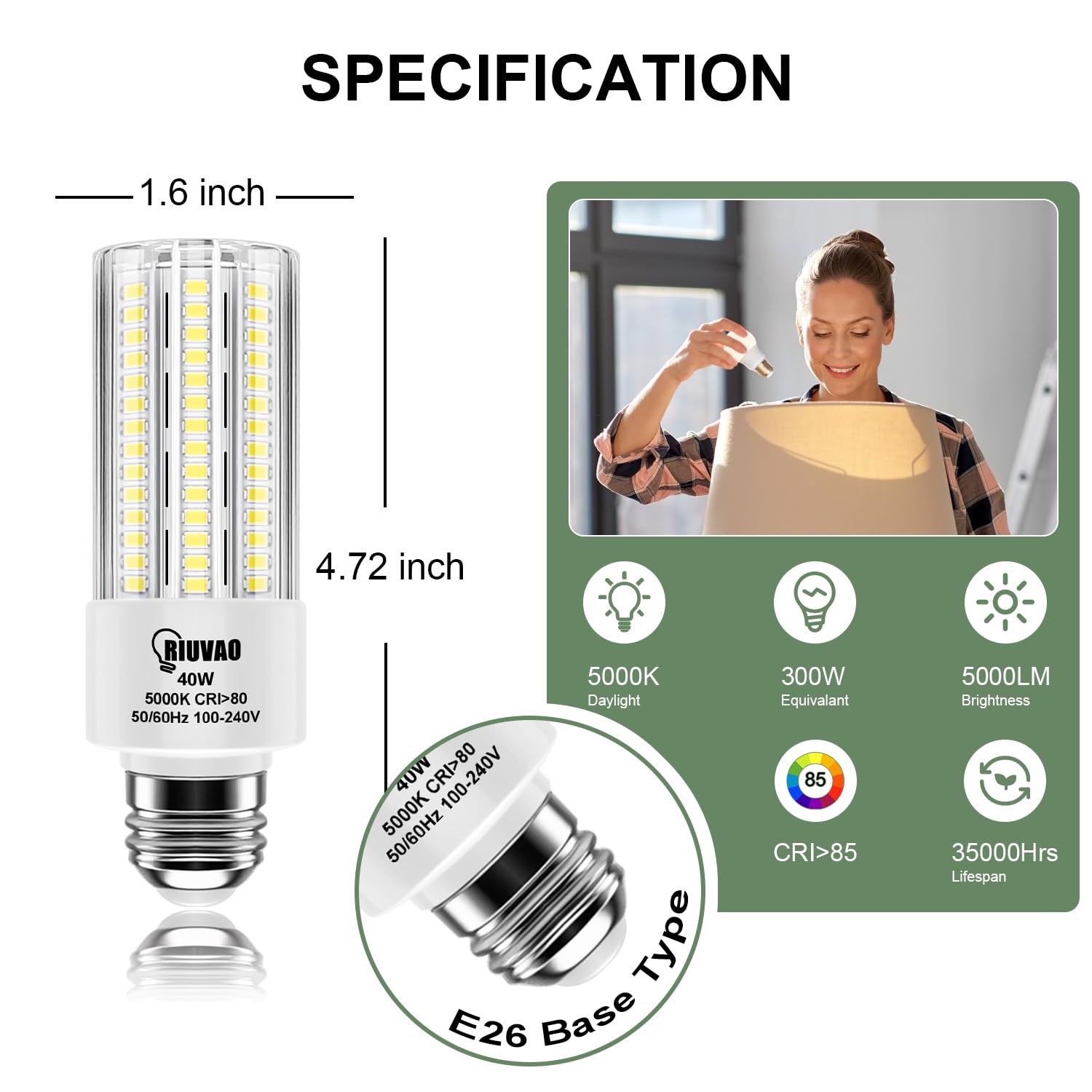 RIUVAO corn light bulb beam angle 360 degrees ensures broad, even illumination.