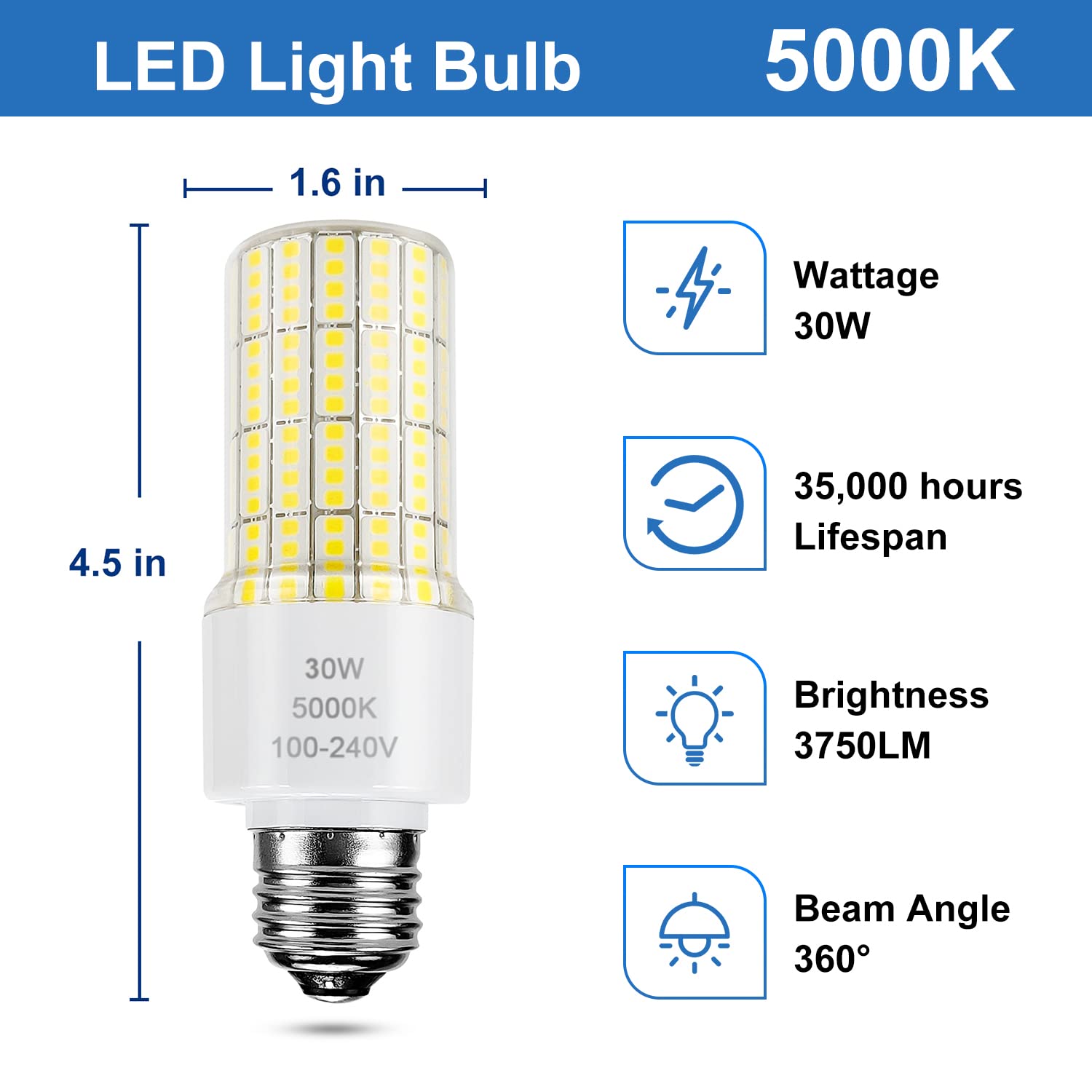 RIUVAO LED corn light provides 3750 lumens with 360-degree beam for wide illumination.