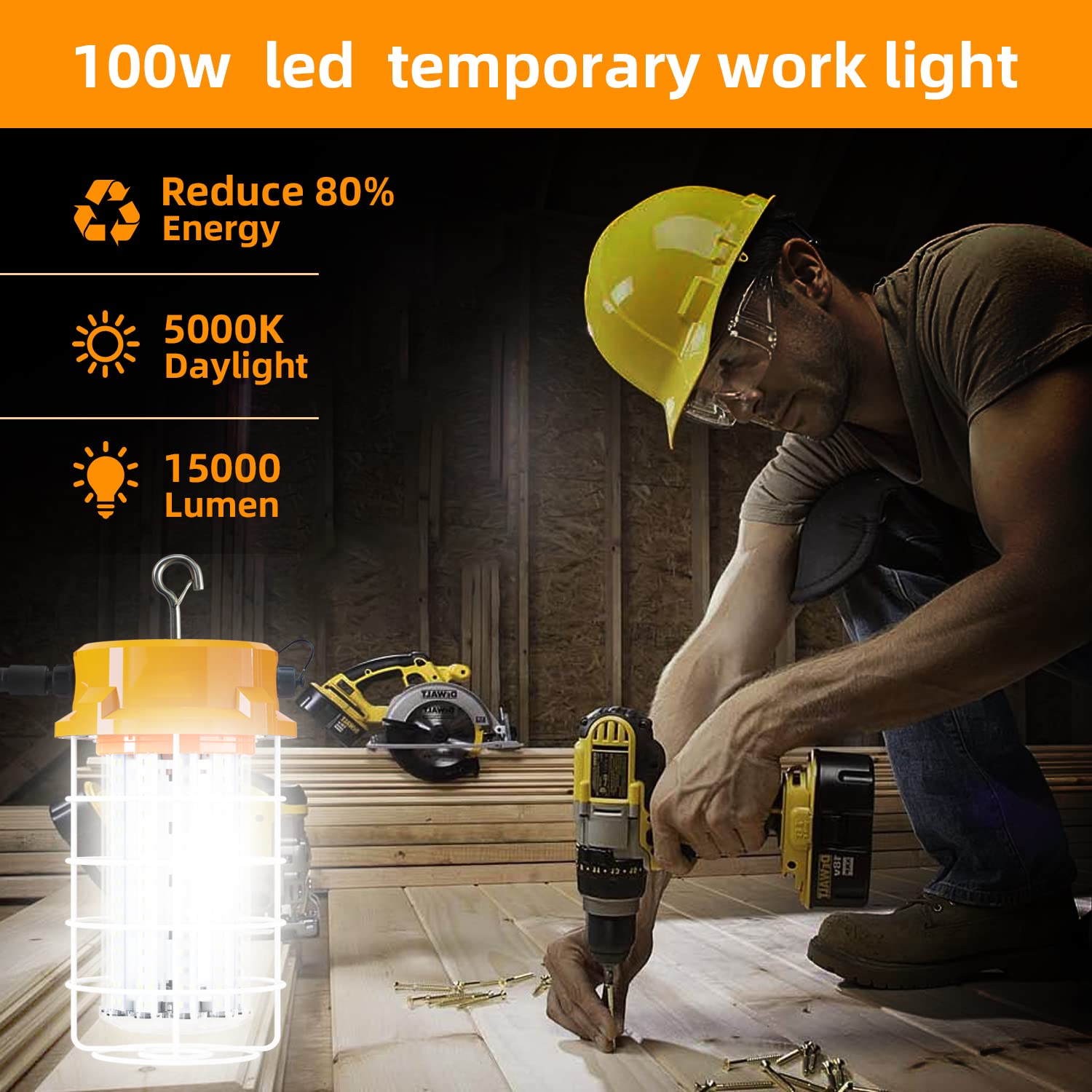 RIUVAO LED temporary work light with hanging hook for flexible placement