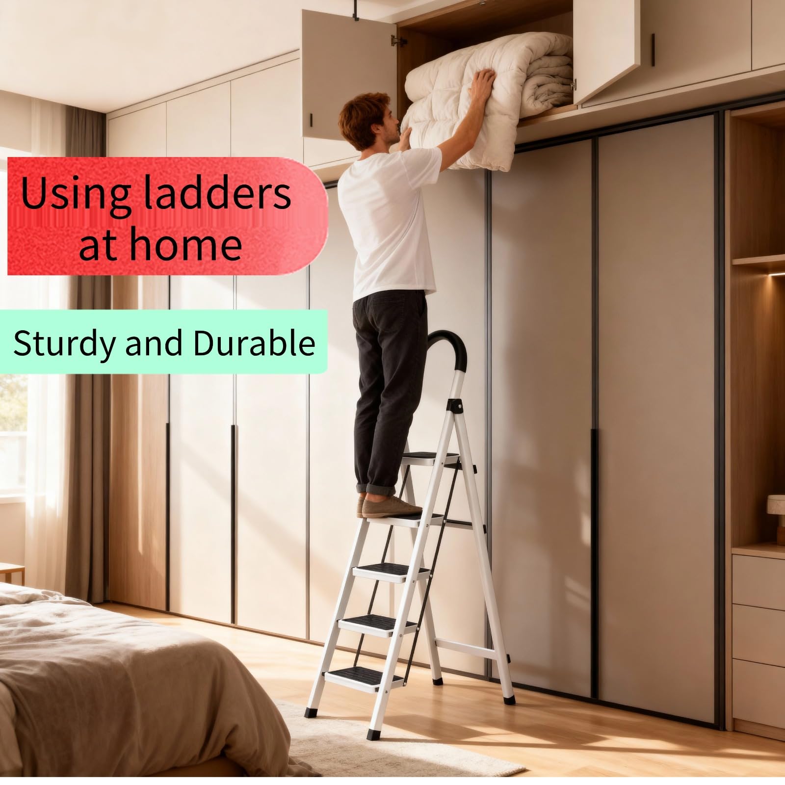 RIVERLIN ladder shows anti-slip steps for safe indoor use.