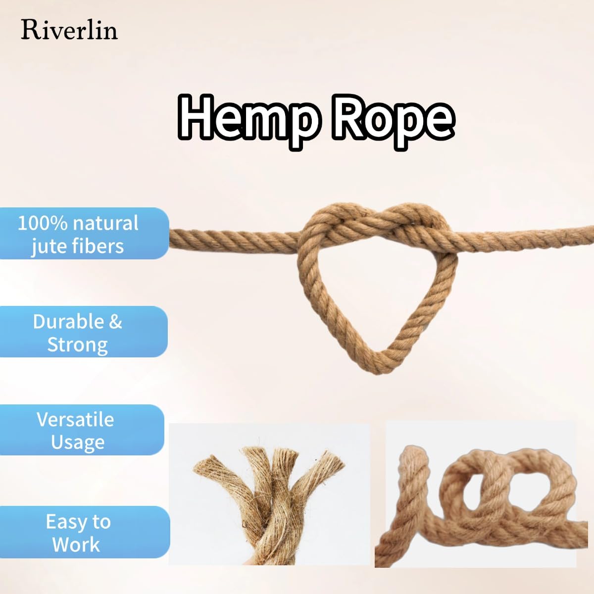 Riverlin jute rope four-strand braid, strong for garden ties and rustic home décor.