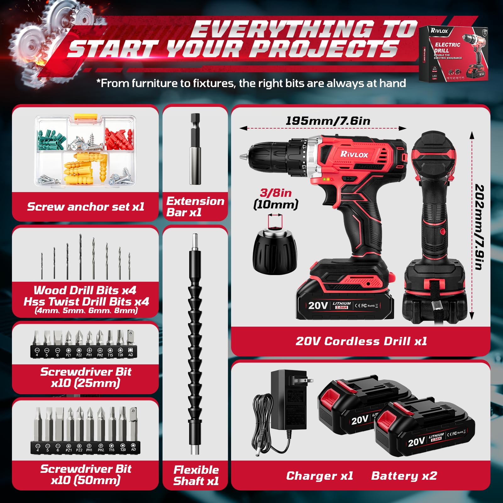 Rivlox cordless drill with built-in LED lighting for dark spaces