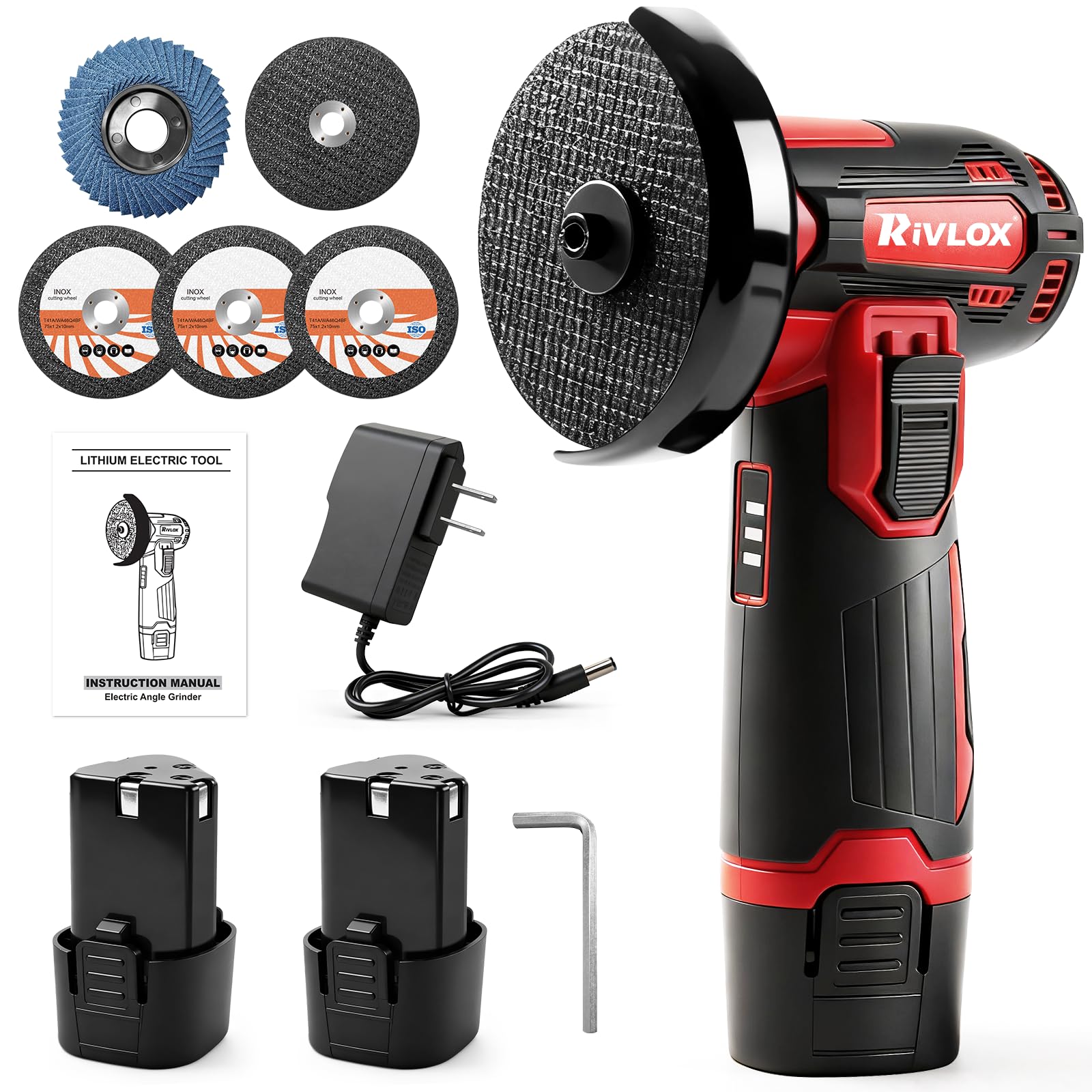 Rivlox cordless angle grinder kit battery pack keeps you untethered indoors.