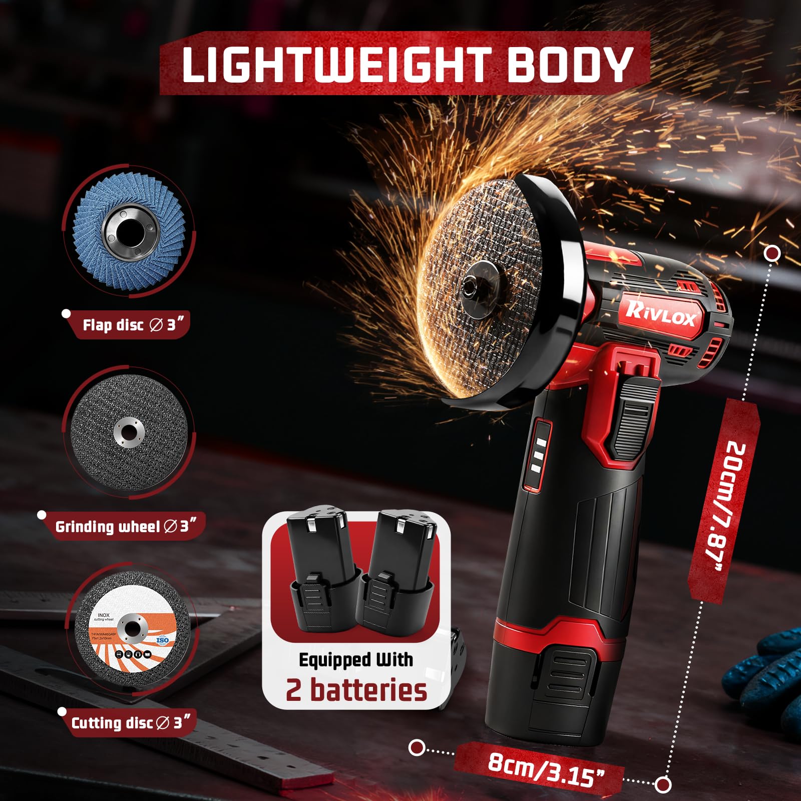 Rivlox cordless grinder kit cutting discs included for versatile material cutting.