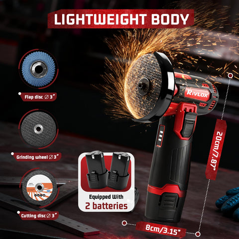 Rivlox cordless grinder kit cutting discs included for versatile material cutting.