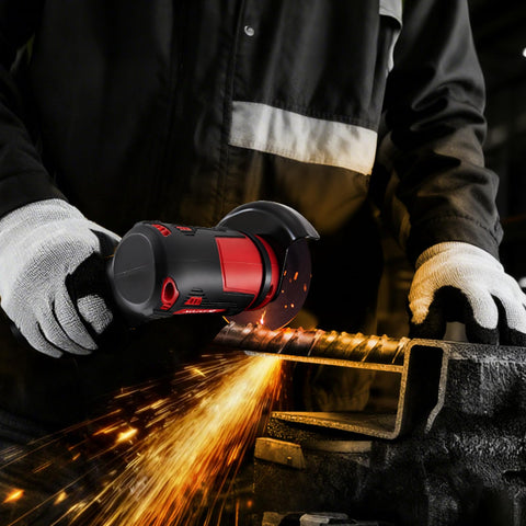 Rivlox cordless grinder in workshop ideal for metal, wood, tile projects.