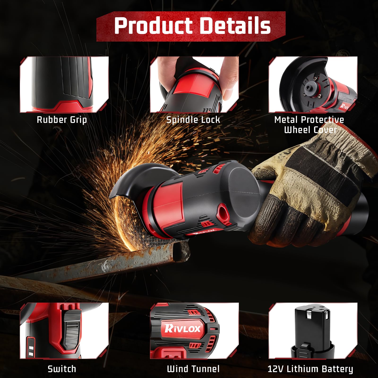 Rivlox mini angle grinder ergonomic handle enables comfortable one-handed operation.