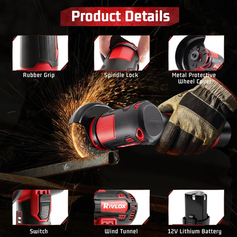 Rivlox mini angle grinder ergonomic handle enables comfortable one-handed operation.