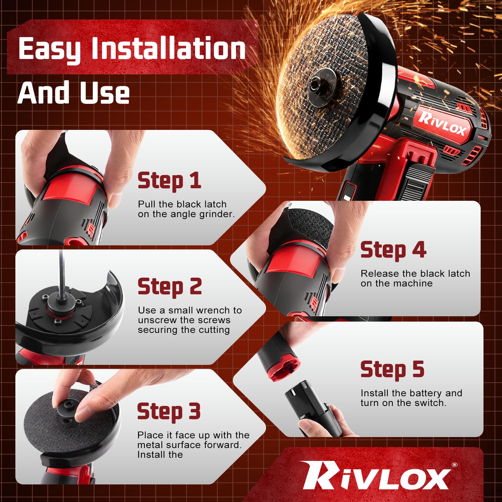 Rivlox grinder with spindle lock makes accessory changes safe and quick.