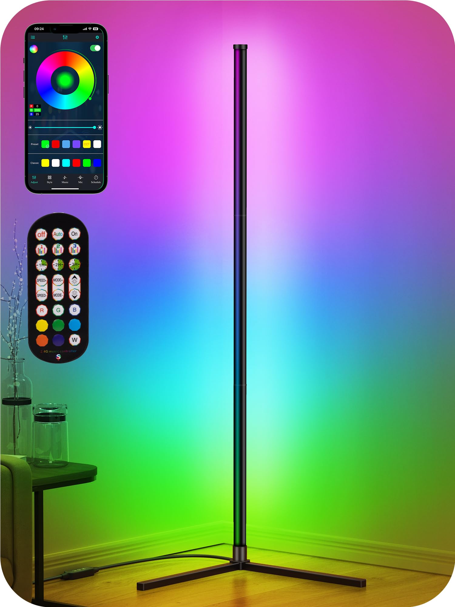 RIYO LED Corner Lamp displays vibrant ambient colors for a cozy living space.