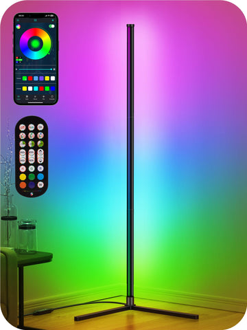 RIYO LED Corner Lamp displays vibrant ambient colors for a cozy living space.
