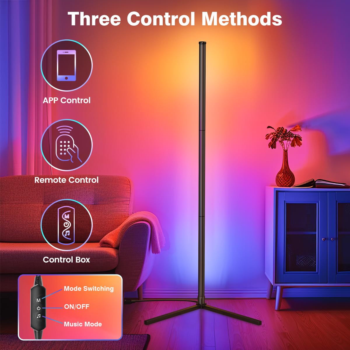 RIYO LED Corner Lamp remote control in hand for quick lighting changes.