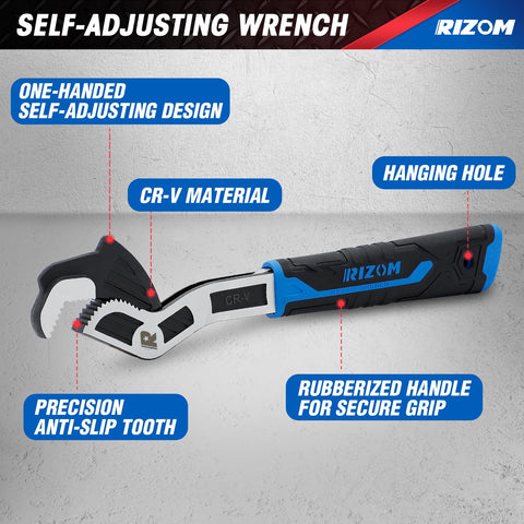 Rizom 12-inch self-adjusting wrench with wide jaw for larger fittings