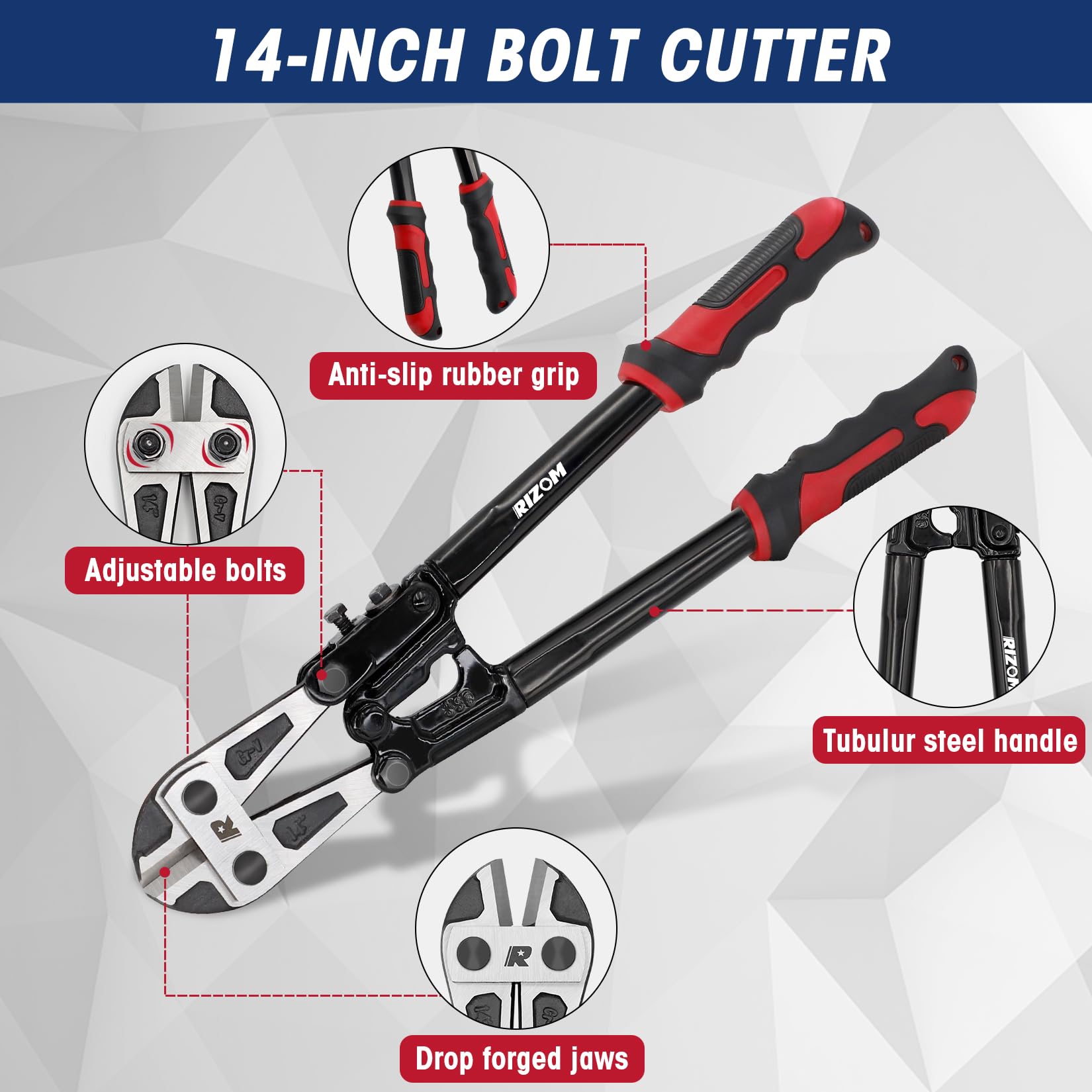 Rizom 14-inch bolt cutter cutting bolts in a workshop
