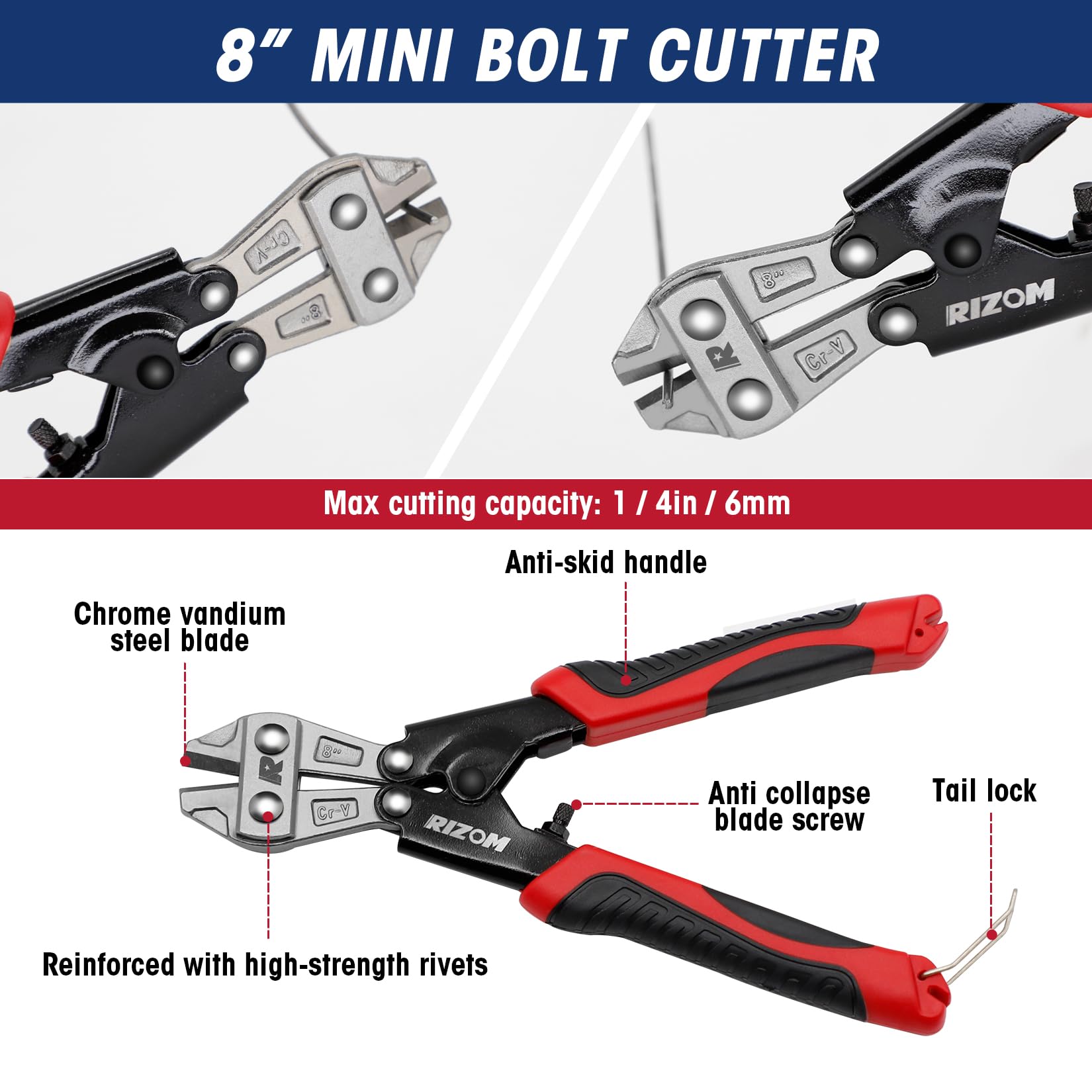 Rizom 8-inch mini bolt cutter cutting steel wire safely