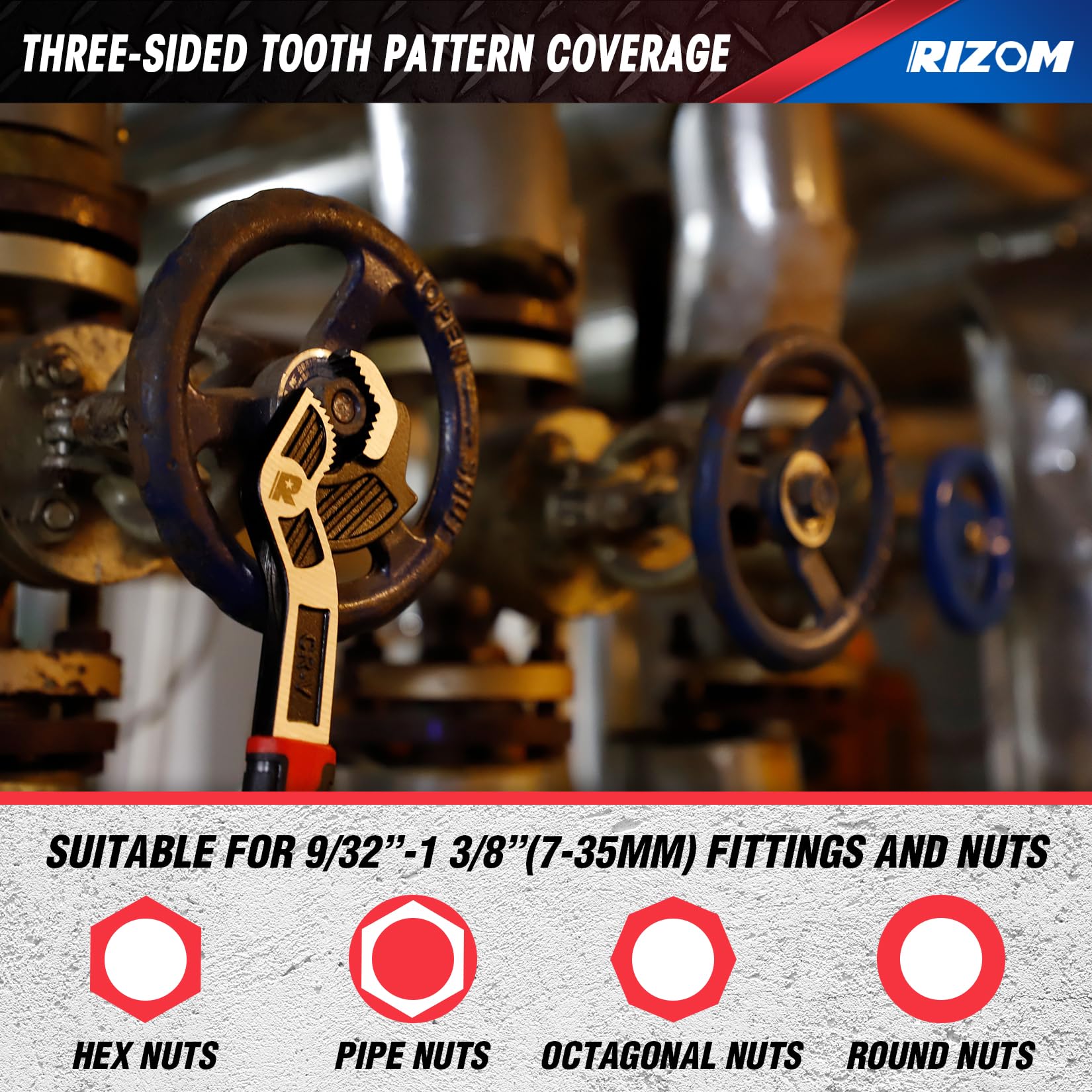 Rizom pipe wrench ergonomic handle provides secure, non-slip grip during use.