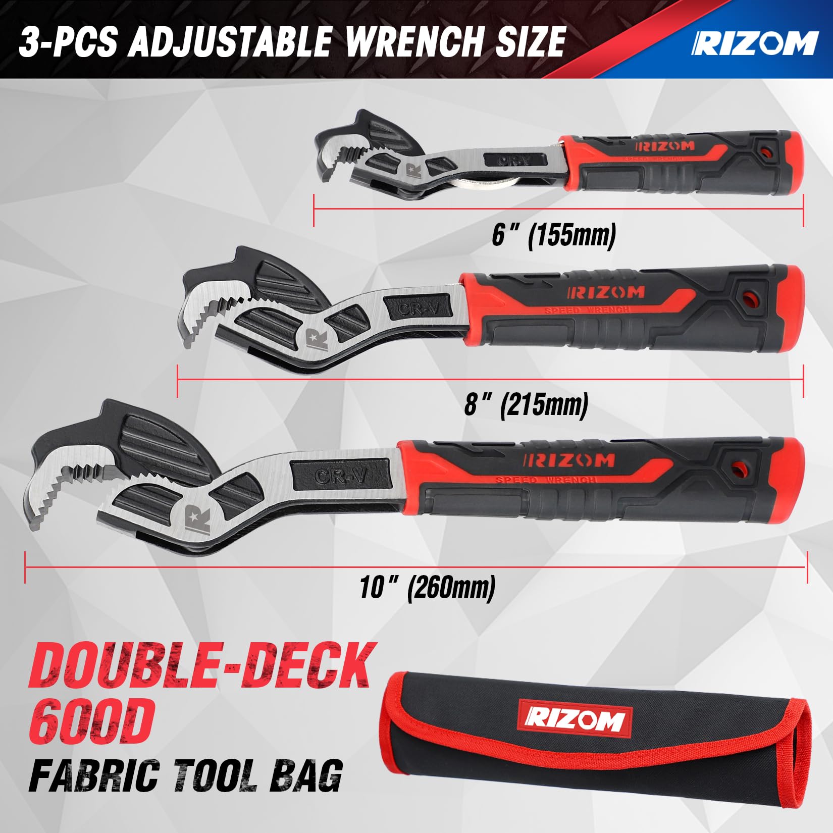 Rizom pipe wrench self-tightening head enables one-handed use and quick readjustment.