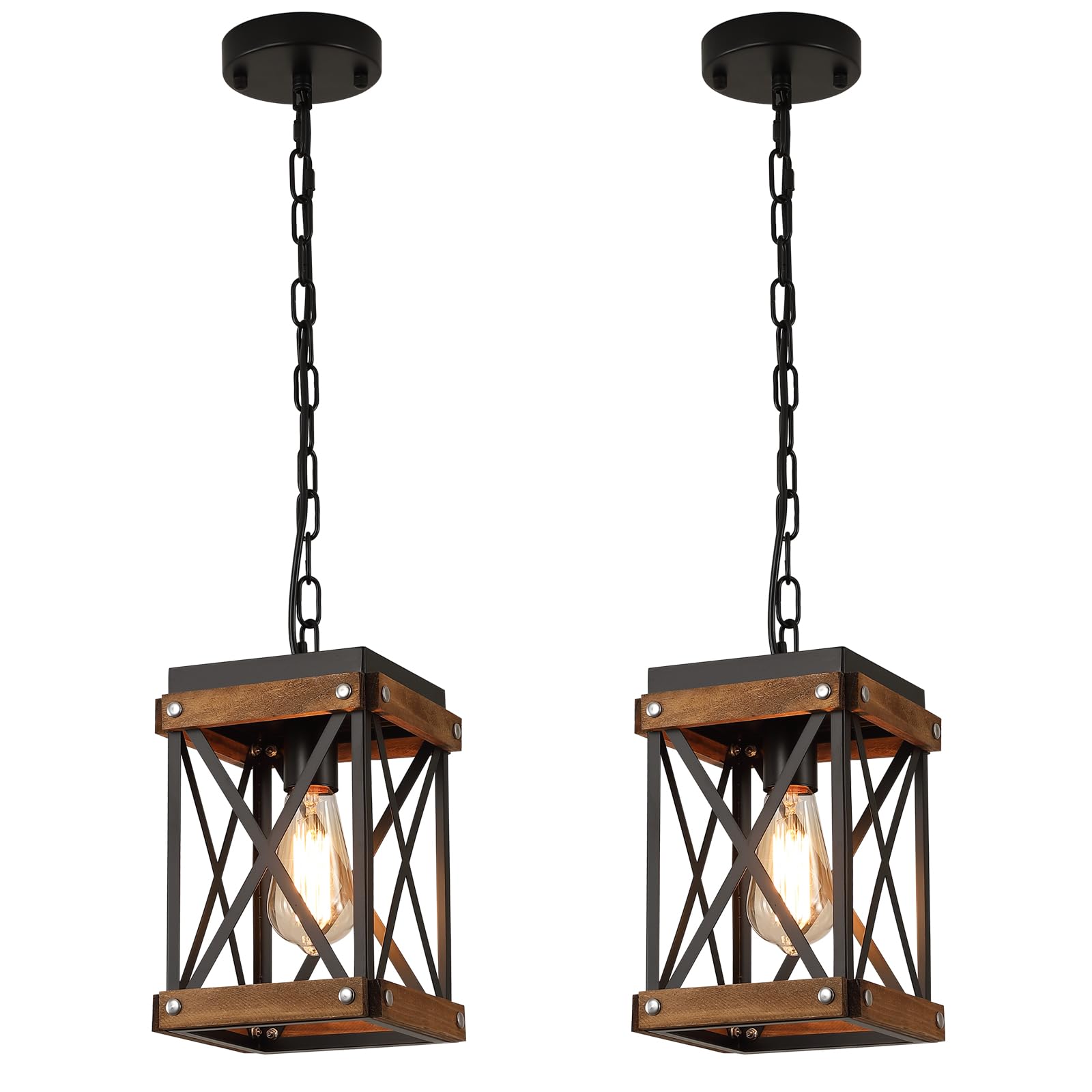 RKUCSR 2-pack rustic wood pendant with oak and metal lantern cage for kitchen lighting