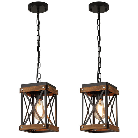 RKUCSR 2-pack rustic wood pendant with oak and metal lantern cage for kitchen lighting