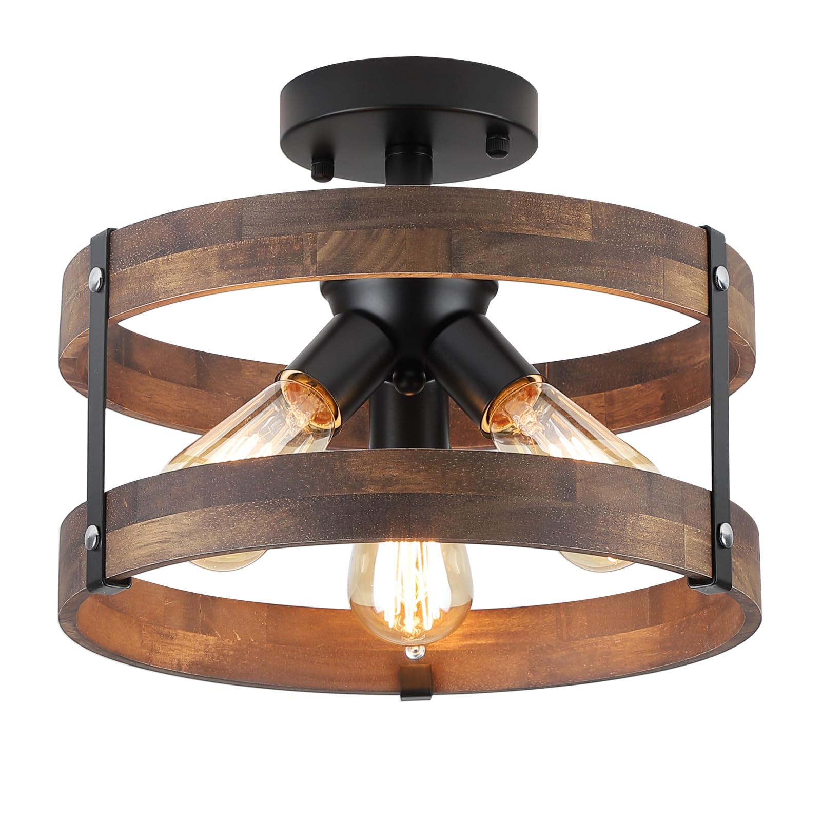 RKUCSR 3-light rustic farmhouse wood flush mount ceiling light in black for hallway and entryway ambience.