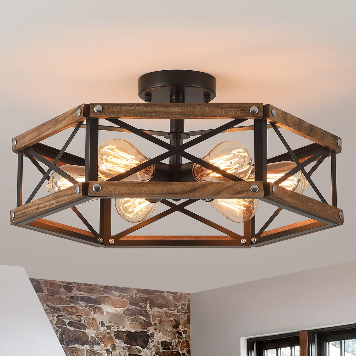 RKUCSR 6-light farmhouse ceiling light with wood cage creating rustic hallway ambience.